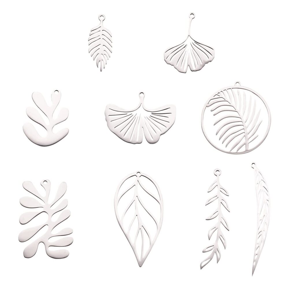 4046 18pcs Leaf Stainless Steel Pendants Assorted Plants Shaped Hollow